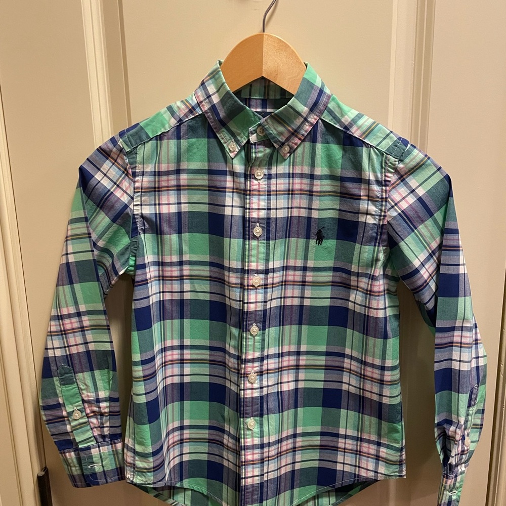 Boys Ralph Lauren Kids Plaid Shirt in Green and Blue (Size 8)